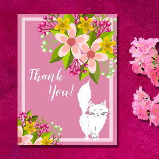 Niedlich White Fluffy Cat - Blume auf Pink Vielen Postkarte