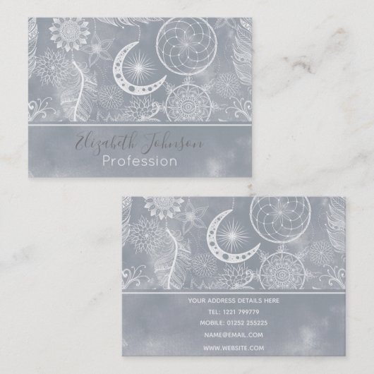 Niedlich White & Gray Dreamcatcher Feathers Mandal Visitenkarte (Vorne/Hinten)