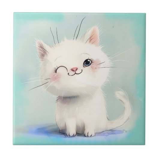 Niedlich White Kitten Fliese (Vorderseite)