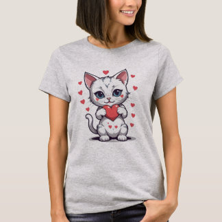 Niedlich White Kitten Holding Red Heart T - Shirt