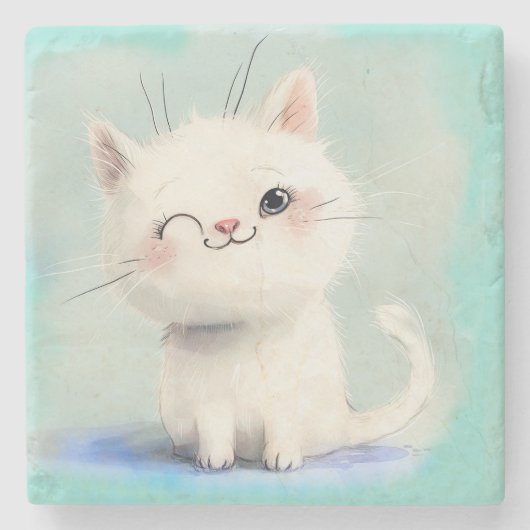 Niedlich White Kitten Steinuntersetzer (Vorderseite)