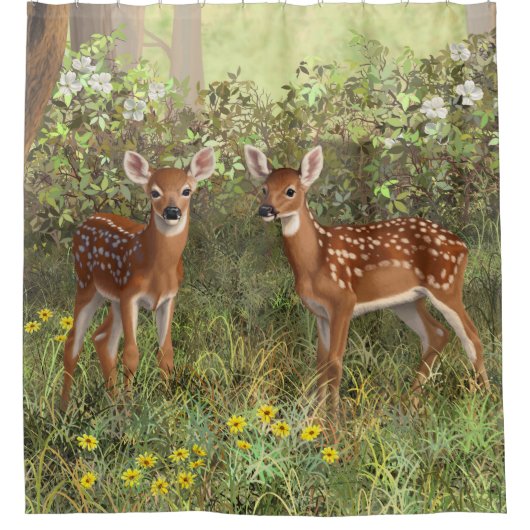 Niedlich Whitetail Deer Twin Fawns Duschvorhang (Vorderseite)
