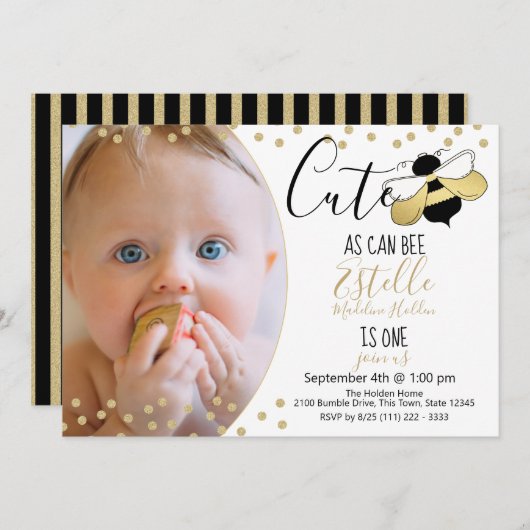 Niedlich wie Bee 1. Geburtstag Party Foto Einladung (Vorne/Hinten)