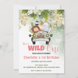 Niedlich Wild One Safari Tiere Auto 1. Geburtstag Einladung