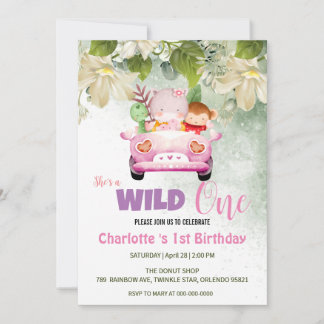 Niedlich Wild One Safari Tiere Auto 1. Geburtstag Einladung