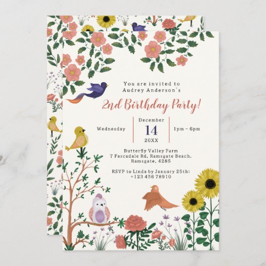 Niedlich Wilde Blume und Vögel Tee Party 2. Geburt Einladung (Vorne/Hinten)