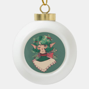 Niedlich Wink Weihnachtsfeiertage Elf Anime Girl Keramik Kugel-Ornament