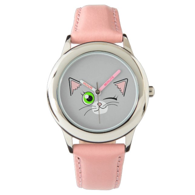 Niedlich Winking White Cat Cartoon Armbanduhr (Vorderseite)