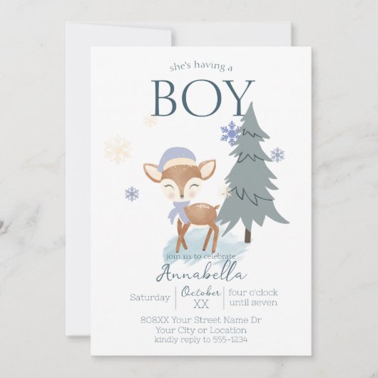 Niedlich Winter Baby Deer Boy Fawn Einladung (Vorderseite)