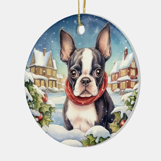 Niedlich Winter Christmas Boston Terrier Keramik Ornament (Links)