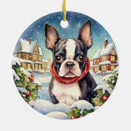 Niedlich Winter Christmas Boston Terrier Keramik Ornament