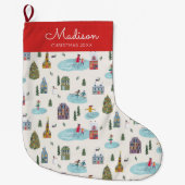 Niedlich Winter House Village Skaten Scene Weihnac Großer Weihnachtsstrumpf (Vorderseite)