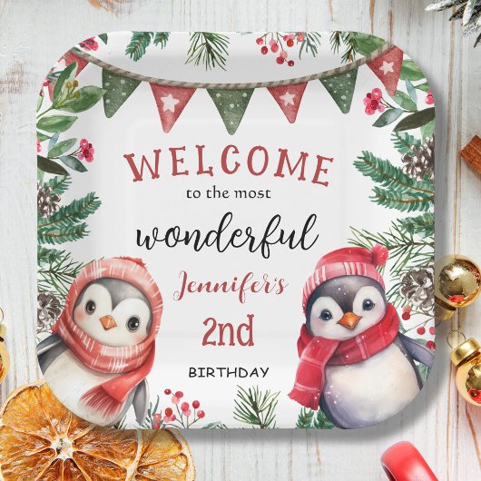 Niedlich Winter Pinguin Weihnachten 2. Geburtstag Pappteller