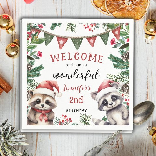Niedlich Winter Raccoon Weihnachten 2. Geburtstag Serviette