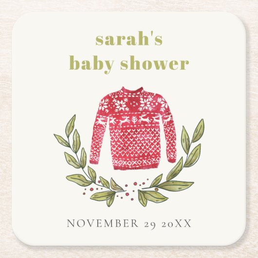 Niedlich Winter Red Green Ugly Sweater Baby Dusche Rechteckiger Pappuntersetzer (Vorderseite)