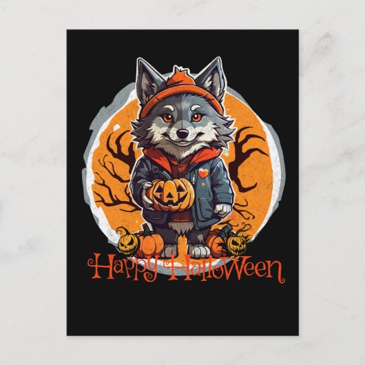 Niedlich Wolfie mit Pumpkins Happy Halloween Vibes Postkarte (Vorderseite)