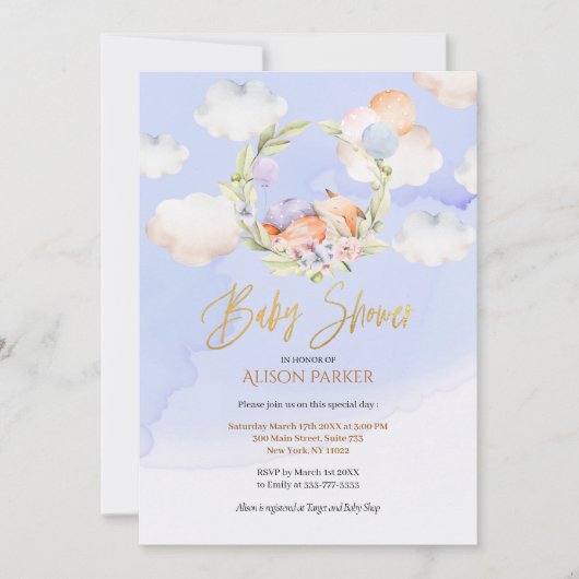 Niedlich Woodland Fox Floral Blue Sky Baby Dusche Einladung (Vorderseite)