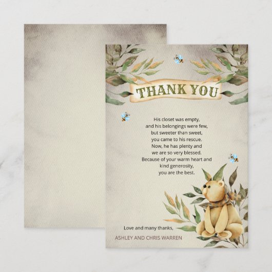 Niedlich Woodland Teddy Bear Boy Babydusche Dankeskarte (Vorne/Hinten)