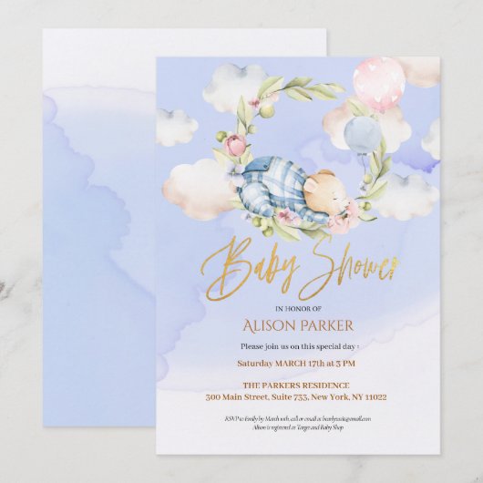 Niedlich Woodland Teddy Bear Boy Babydusche Einladung (Vorne/Hinten)