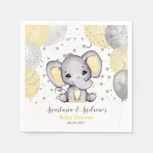 Niedlich Yellow Baby Dusche Elephant Balloons Napk Serviette (Vorderseite)