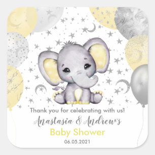 Niedlich Yellow Baby Dusche Elephant Balloons Squa Quadratischer Aufkleber