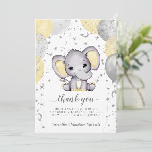Niedlich Yellow Baby Shower Elephant Balloons Dank Dankeskarte (Stehend Vorderseite)