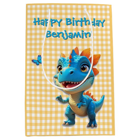 Niedlich Yellow Gingham Blue Dinosaurier Geburtsta Mittlere Geschenktüte (Vorderseite)