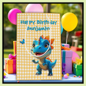 Niedlich Yellow Gingham Blue Dinosaurier Geburtsta Mittlere Geschenktüte