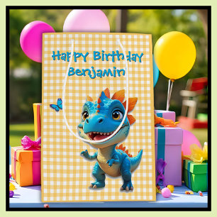 Niedlich Yellow Gingham Blue Dinosaurier Geburtsta Mittlere Geschenktüte