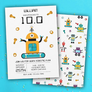 Niedlich Yellow Robot Theme Kids Roboter Geburtsta Einladung