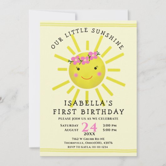 Niedlich Yellow Sunshine Erster Geburtstag Einladung (Vorderseite)