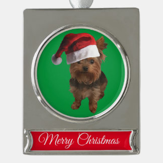 Niedlich Yorki mit einem Santa Claus-Hut Banner-Ornament Silber
