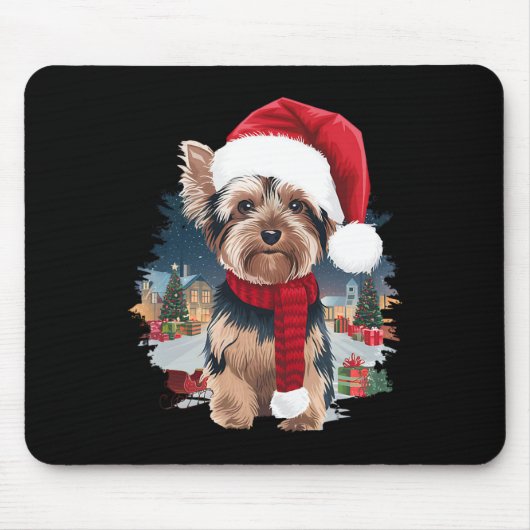 Niedlich Yorkie Dog Weihnachtsmannmütze Scarf Wint Mousepad (Vorne)