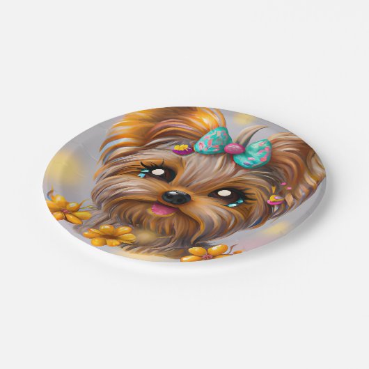 Niedlich Yorkie Kawaii Puppy Pappteller (Schrägansicht)