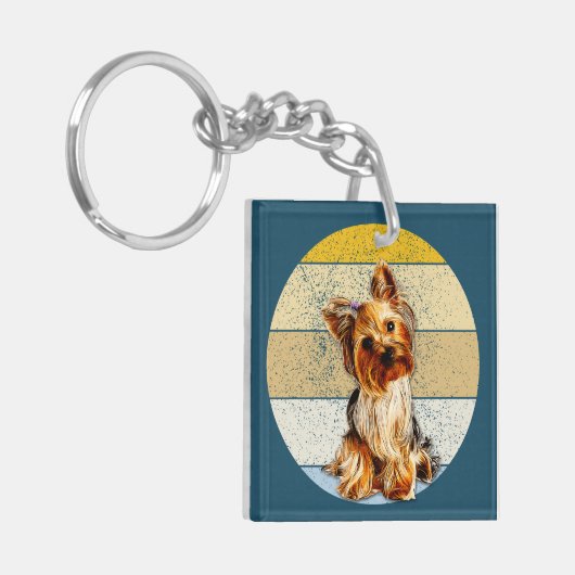Niedlich Yorkie Terrier Dog Retro Hintergrund Schlüsselanhänger (Vorderseite links)