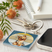 Niedlich Yorkie Terrier Dog Retro Hintergrund Schlüsselanhänger (Vorderseite rechts)