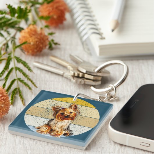 Niedlich Yorkie Terrier Dog Retro Hintergrund Schlüsselanhänger (Vorderseite rechts)