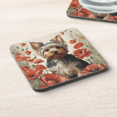Niedlich Yorkshire Terrier Botanical Red Poppies Getränkeuntersetzer (Linke Seite)