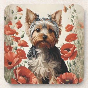 Niedlich Yorkshire Terrier Botanical Red Poppies Getränkeuntersetzer