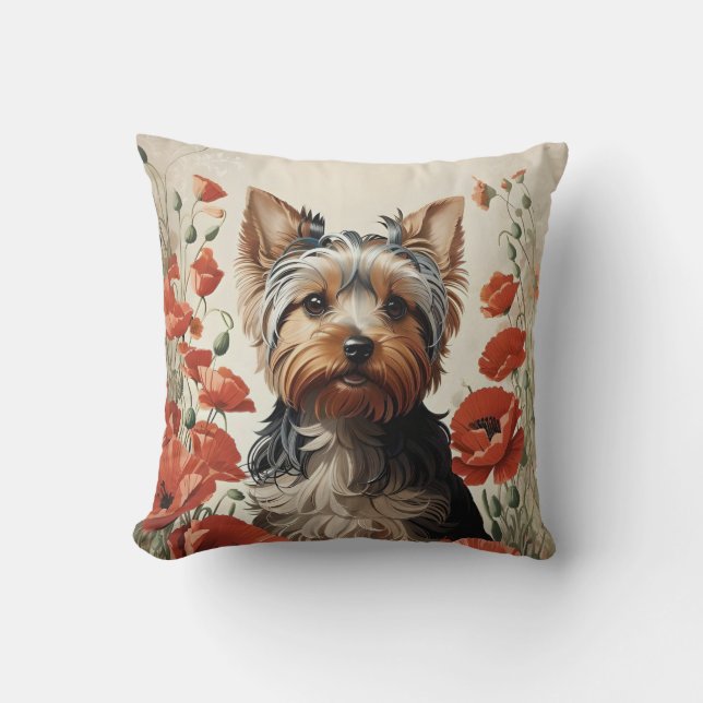 Niedlich Yorkshire Terrier Botanical Red Poppies Kissen (Vorderseite)