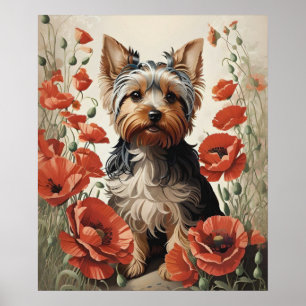 Niedlich Yorkshire Terrier Botanical Red Poppies Poster