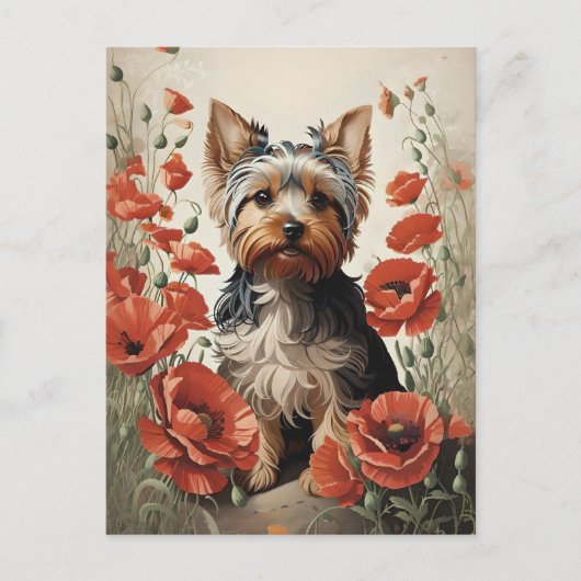 Niedlich Yorkshire Terrier Botanical Red Poppies Postkarte (Vorderseite)