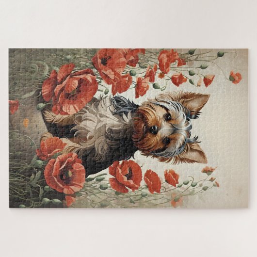 Niedlich Yorkshire Terrier Botanical Red Poppies Puzzle (Horizontal)