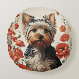 Niedlich Yorkshire Terrier Botanical Red Poppies Rundes Kissen