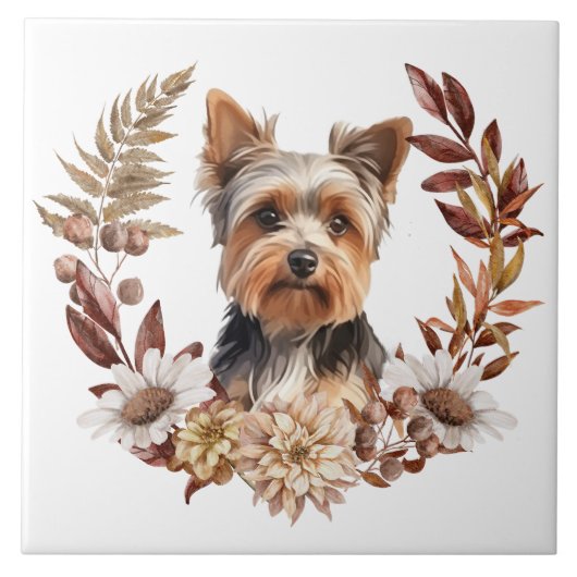 Niedlich Yorkshire Terrier Dog Herbstkranz Fliese (Vorderseite)