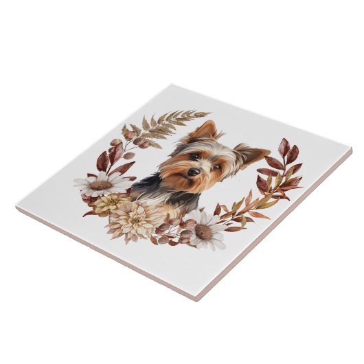 Niedlich Yorkshire Terrier Dog Herbstkranz Fliese (Seite)