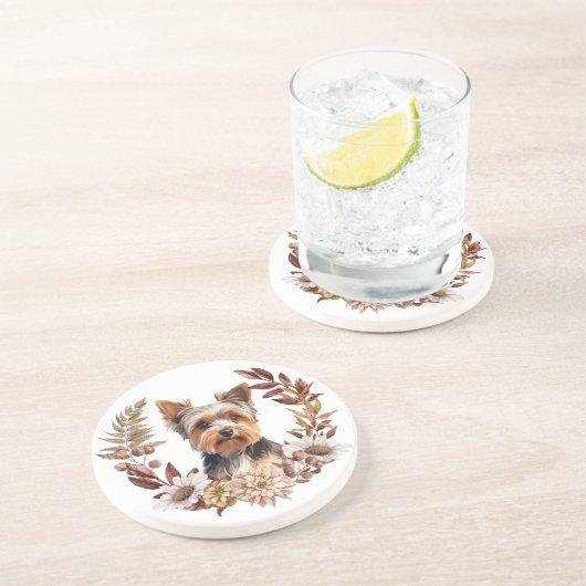 Niedlich Yorkshire Terrier Dog Herbstkranz Getränkeuntersetzer (Seite)