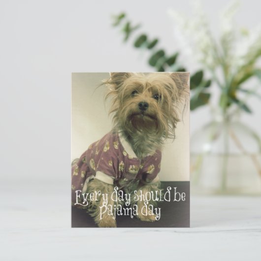 Niedlich Yorkshire Terrier in Pajamas mit Zitat Postkarte (Stehend Vorderseite)