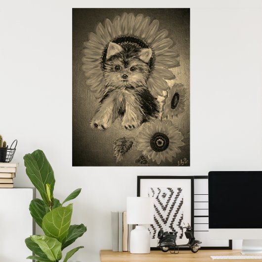 Niedlich Yorkshire Terrier mit Sonnenblumen Poster (Heimbüro)