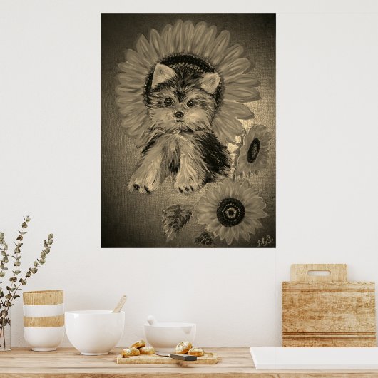 Niedlich Yorkshire Terrier mit Sonnenblumen Poster (Küche)